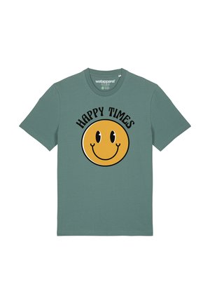T-shirt en coton vert arborant un grand graphique de smiley jaune avec contour noir et le texte "HAPPY TIMES" au-dessus en lettres noires.