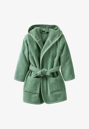 Grüner Bademantel aus Frottee mit Kapuze, langen Ärmeln, einem Frontbindegurt und zwei vorderen Taschen. Texturiert mit einer weichen, saugfähigen Oberfläche.