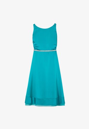 Turkusowa sukienka bez rękawów z satyny, z okrągłym dekoltem, taliowaną górą ozdobioną srebrnym paskiem oraz rozkloszowanym dołem.