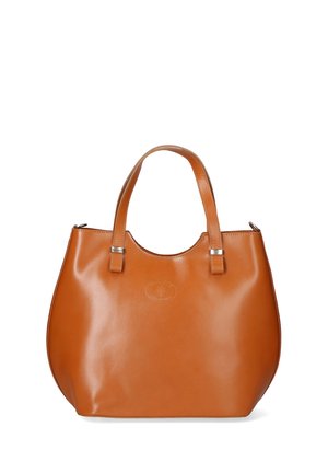Tan leather tote bag with smooth texture, rounded shape, two short handles, and silver accent hardware. No visible patterns or logos.