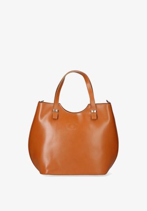 Sac fourre-tout en cuir tan avec une texture lisse, de forme arrondie, deux poignées courtes et des accents en métal argenté. Aucuns motifs ni logos visibles.