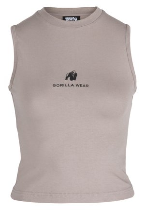 Lichtgrijze mouwloze crop top van katoen, met een zwart "Gorilla Wear" logo en een aansluitend ontwerp met een zachte textuur.