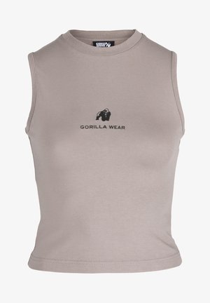 Lichtgrijze mouwloze crop top van katoen, met een zwart "Gorilla Wear" logo en een aansluitend ontwerp met een zachte textuur.