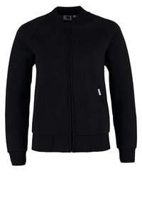Sort zip-sweatshirt med rund krave, ribbede manchetter og kant. Har sidelommer og et diskret logo mærke på forsiden.