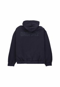 Marineblå hoodie med snoretræk i hætten, ribbede manchetter og kant, med "DROPSIZE" trykt i fede bogstaver på ryggen. Blød stofstruktur.