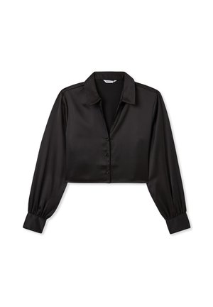 Camicetta corta in satin nero con colletto, maniche lunghe a palloncino e chiusura anteriore con bottoni. Tessuto liscio, corpo fitted con polsini affusolati.