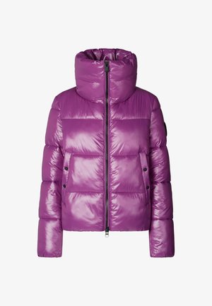Purple puffer jacket with a high collar, glossy finish, zip front, patch pockets, and elastic cuffs; features a boxy fit and puffy quilted design.