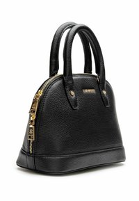Borsa a mano in pelle nera con superficie texture, forma arrotondata, dettagli in hardware dorato, doppi manici e chiusura con zip.