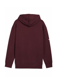 Sudadera burdeos con capucha ajustable, mangas largas y puños acanalados. Textura suave y diseño minimalista sin logotipos visibles.