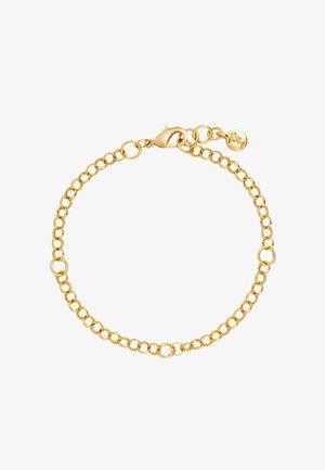 Gouden metalen armband met een reeks verbonden ronde schakels, voorzien van een karabijnsluiting en een verstelbare lengte ketting.