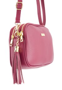 Lille lyserød læder crossbody-taske med gulddetaljer, dobbelte lynlåse og en kvastdetalje. Glat tekstur med en rektangulær form.