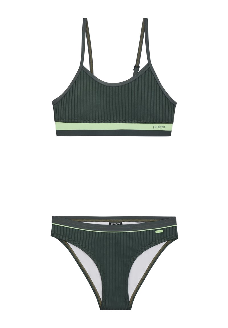 Groene geribbelde bikini-set, met dunne bandjes en contrasterende lichtgroene accenten. Het materiaal lijkt rekbaar en heeft een gladde voering.