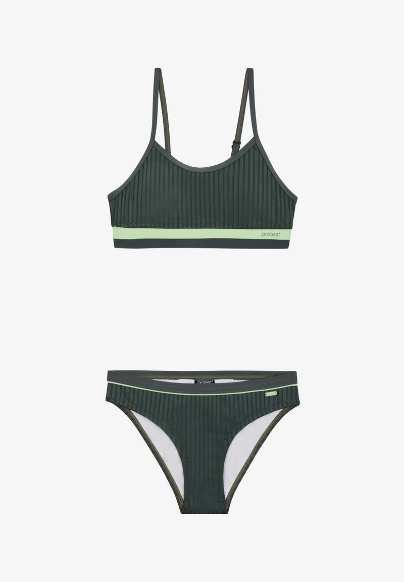 Groene geribbelde bikini-set, met dunne bandjes en contrasterende lichtgroene accenten. Het materiaal lijkt rekbaar en heeft een gladde voering.