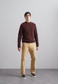 Brown wool sweater with a crew neckline, paired with light beige chinos and dark shoes. Simple design, fitted silhouette, flat texture.