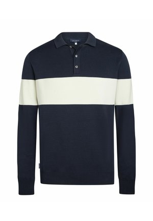 Navy blue long-sleeve polo sweater with white horizontal stripe across chest and three buttons at collar.