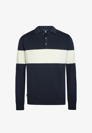 Navy blue long-sleeve polo sweater with white horizontal stripe across chest and three buttons at collar.