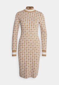 Robe à manches longues en maille marron avec un motif floral blanc. Comprend un col montant et des poignets rayés. Coupe ajustée.