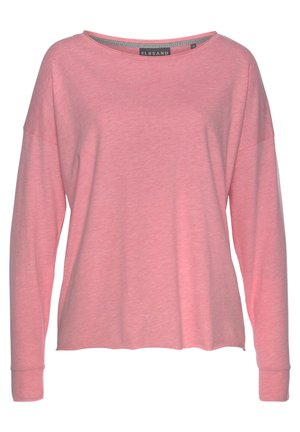 Camisa de manga larga rosa con escote amplio y corte holgado, que cuenta con una pequeña etiqueta de la marca en el interior del cuello.