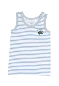Ärmlös barn-tanktopp tillverkad av mjukt tyg, med ljusblå och vita horisontella ränder och en broderad design av en grön stegosaurus.