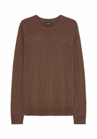 Brązowy sweter z okrągłym dekoltem wykonany z miękkiej dzianiny; ma długie rękawy oraz ściągacze na mankietach i u dołu.