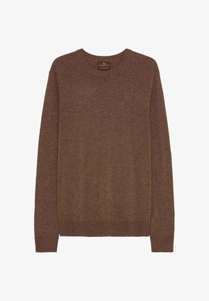 Suéter pulóver marrón hecho de una suave tela de punto; presenta un escote redondo, mangas largas y puños y dobladillo acanalados.