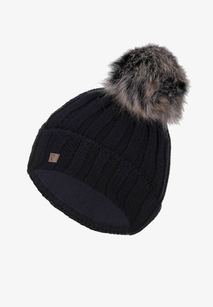 Black knit beanie with a ribbed texture, featuring a large faux fur pom-pom on top and a small brand tag on the side.