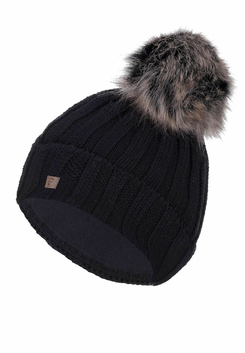 Black knit beanie with a ribbed texture, featuring a large faux fur pom-pom on top and a small brand tag on the side.