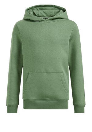 Zielona bluza z długim rękawem z kapturem, z przednią kieszenią kangurka, ściągaczami na mankietach i dole oraz luźnym krojem.