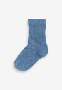 Calzino blu a coste con una texture morbida, caratterizzato da una forma standard, una punta imbottita e un design di lunghezza media fino al polpaccio.