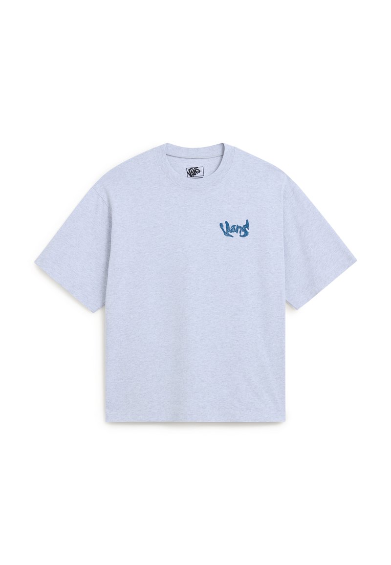 Lys grå kortærmet t-shirt med rund hals og lille blåt Vans-logo på venstre bryst.