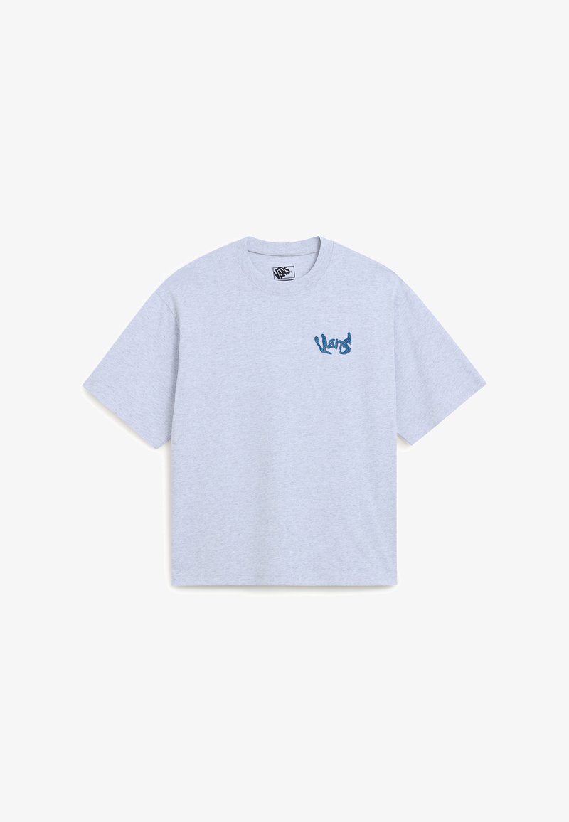 Lys grå kortærmet t-shirt med rund hals og lille blåt Vans-logo på venstre bryst.