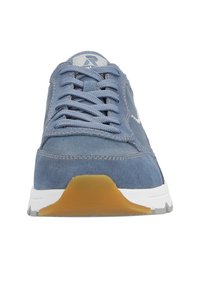 Blue suede sneaker with a white rubber sole. Features include textured laces, perforated detailing, and a logo on the tongue.