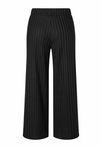 Pantalons larges noirs avec une texture à côtes verticales, dotés d'une taille élastique et d'une coupe qui descend jusqu'à la cheville.