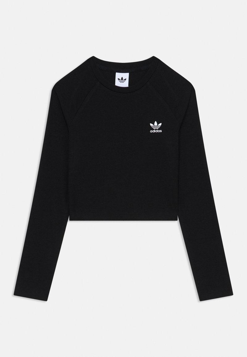 Fekete, rövidített, hosszú ujjú póló bordázott anyagból, bal mellkason fehér Adidas logóval és kerek nyakkivágással.