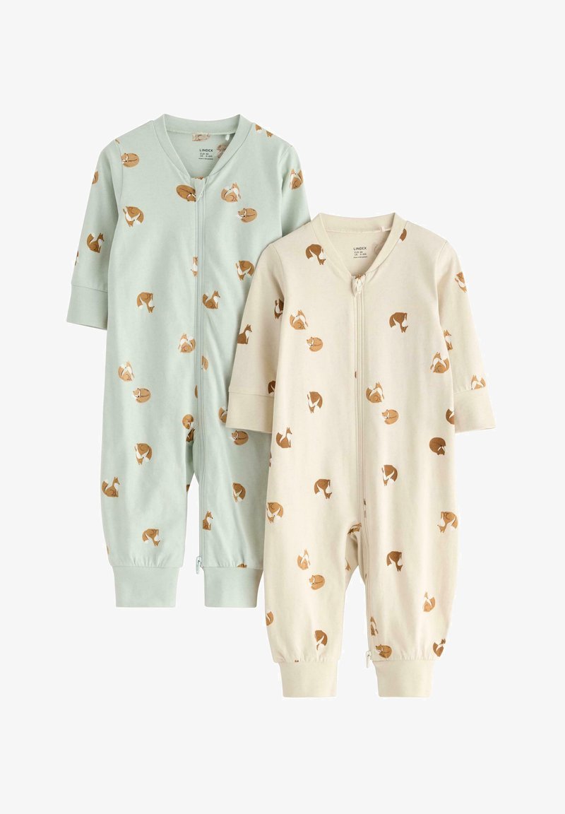 Twee kindertuintjes van zachte katoen; de ene in mintgroen met bruine vospatronen, en de andere in crème met vergelijkbare patronen.