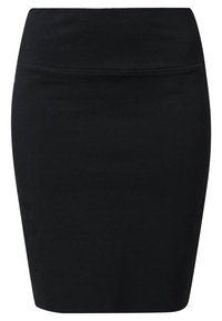 Jupe crayon noire en tissu extensible avec une texture lisse. Caractéristiques d'un design simple et ajusté, avec une taille haute.