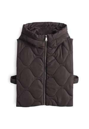 Bruine gewatteerde gilet met een hoge kraag, volledige rits en zijsstrikjes. Glad, mat materiaal met een golvend patroon door het geheel.