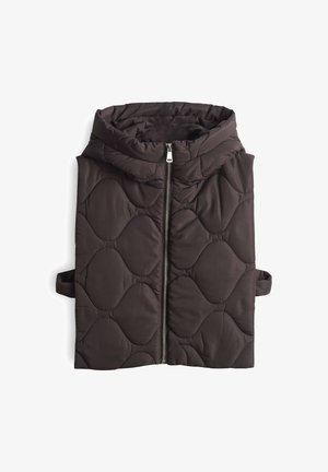 Braune gesteppte Weste mit hohem Kragen, durchgehendem Reißverschluss und Seitenschnüren. Glattes, mattes Material mit einem wellenförmigen Muster.