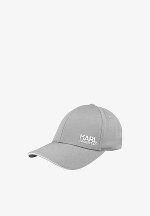 Gray baseball cap with "KARL LAGERFELD" logo embroidered on front, featuring curved brim and structured crown.