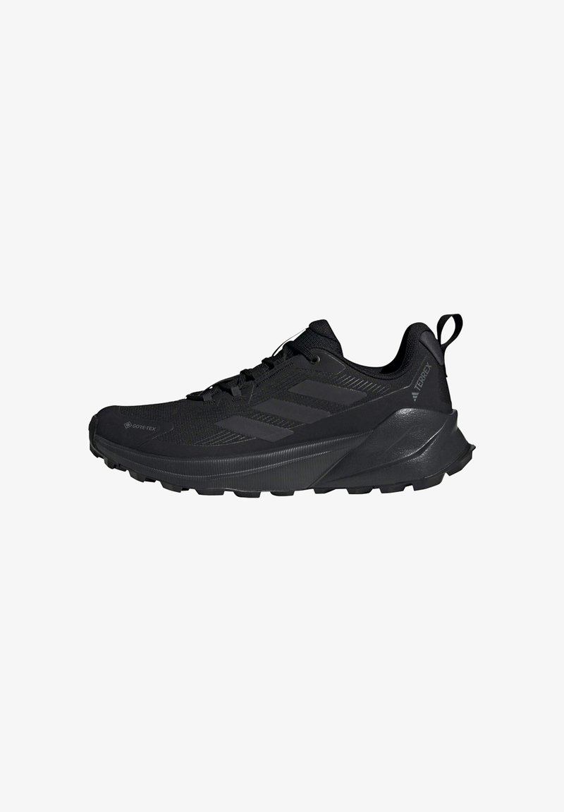 Chaussure de trail running noire avec semelle texturée, laçage à l’avant et languette au talon, avec matériau Gore-Tex et marque Adidas Terrex.