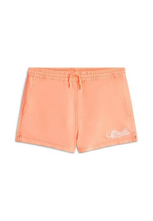 Lyserøde badeshorts med elastisk talje, snor og sidelommer. Har en hvid logo på den nederste forside. Glat stoftekstur.