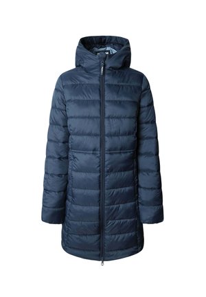 Giacca puffer blu navy con cappuccio, design trapuntato, zip frontale e tasche laterali. Texture liscia e lucida con un taglio di lunghezza media.