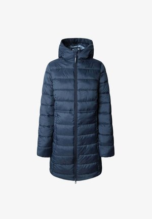Marineblaue Steppjacke mit Kapuze, gestepptem Design, einem Reißverschluss vorne und seitlichen Taschen. Glatte, glänzende Textur mit mittellangem Schnitt.