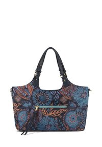 Borsa a tracolla con motivo floreale in blu, arancione e nero. Presenta accessori dorati, due manici e una tasca frontale con zip. Tessuto testurizzato.
