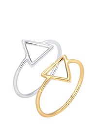 Zwei geometrische Ringe mit dreieckigen Designs. Der eine ist aus Silbermetall, der andere aus Gold. Beide haben eine glatte, polierte Oberfläche.