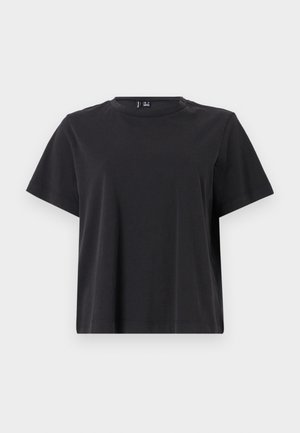 Juodas trumpas rankovės marškinėliai su apvalia kaklo iškirpte, pagaminti iš minkštos medvilnės medžiagos; turi laisvą siluetą ir vientisą spalvą be raštų.