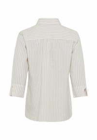 Light-colored striped shirt with a back yoke, three-quarter sleeves, and a relaxed fit. Made from breathable, textured fabric.
