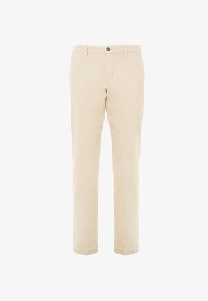 Pantaloni in cotone beige con design a gamba dritta, caratterizzati da chiusura frontale con bottone e tasche laterali. Tessuto testurizzato senza fantasie.