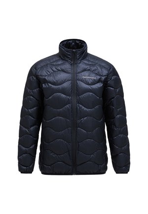 Lehká vyp padded bunda v tmavě námořnické barvě s texturovaným vlnitým vzorem, plným zipem, stojáčkem a logem na levé hrudi.
