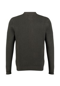 Dunkelgrüner Pullover mit strukturiertem Strickmuster, langen Ärmeln und geripptem Saum. Das Design verfügt über einen schlichten Rundhalsausschnitt und keine Verzierungen.